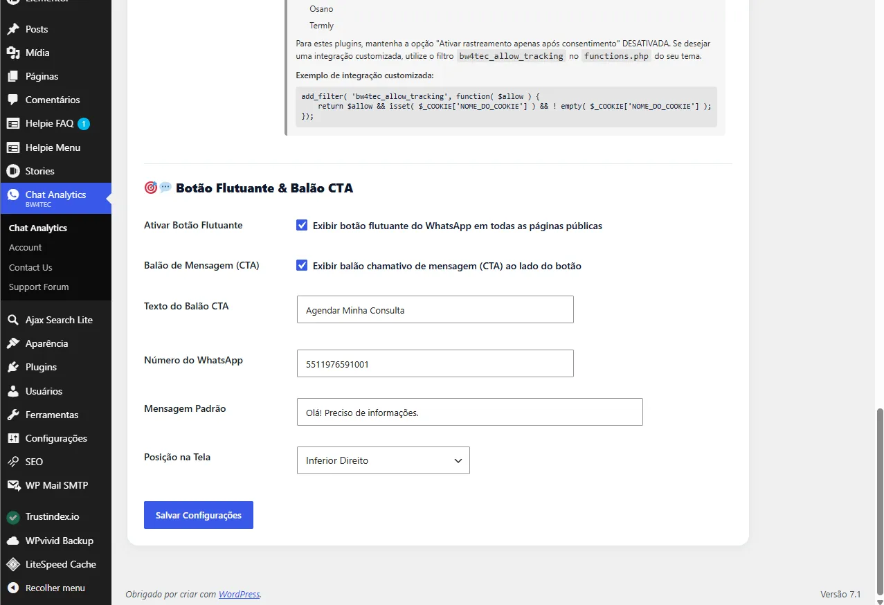 Botão flutuante do Chat Analytics