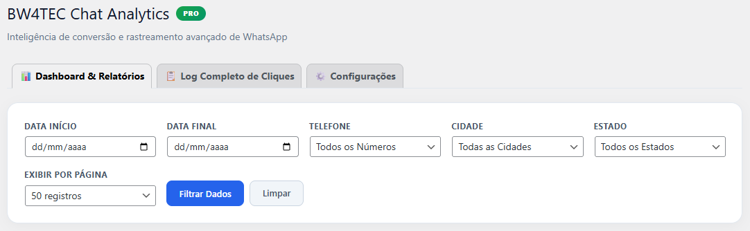 Filtros avançados do log por período, telefone, cidade e estado